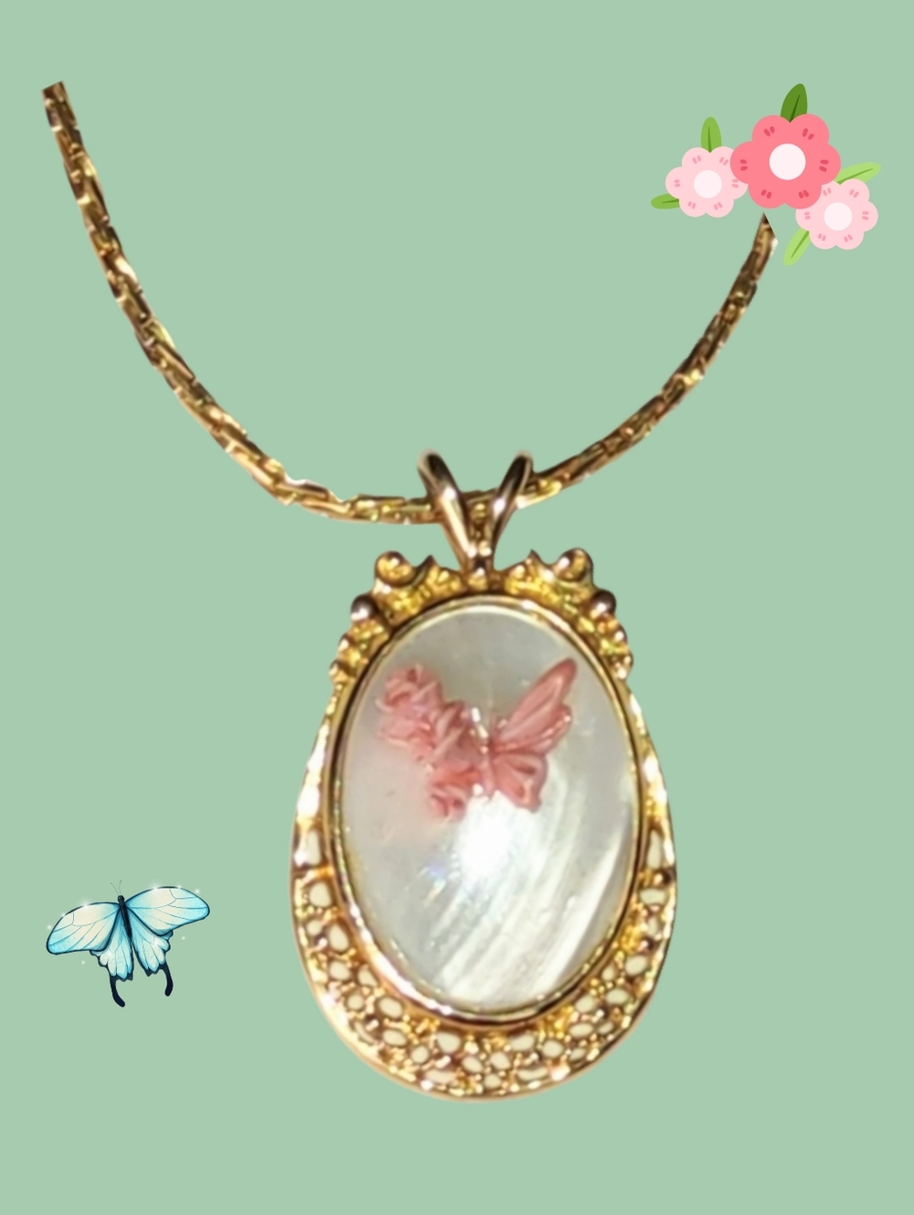 Mother of Pearl Goldtone Pendant w/ Pink Butterfly on Chain